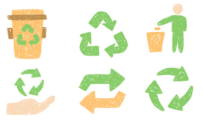 Vector Set of Recycle and Trash Icons in Crayon Style. Hand Drawn Waste Bin, Recycling Symbol, Garbage Bag, and Eco Elements Isolated on White Background.