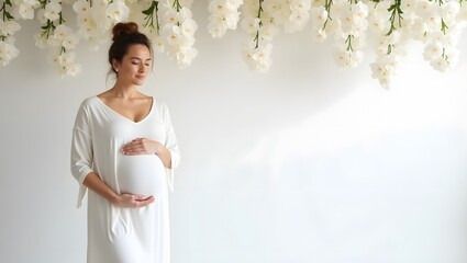 Pregnant Woman in White Dress Standing Near Floral Decoration