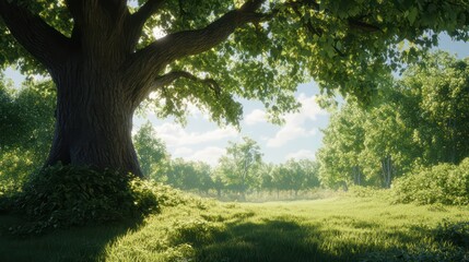 Obraz premium View from forest floor to tall tree, blue sky, and sunlight through green leaves.