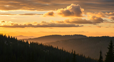 Obraz premium Golden hour illumination over tranquil wooded landscape and majestic mountains