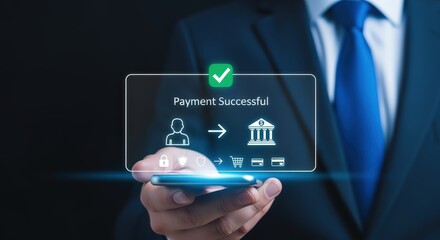 Successful Online Payment Transaction: Businessman Holding Phone Displaying Confirmation of Digital Banking and Ecommerce Process
