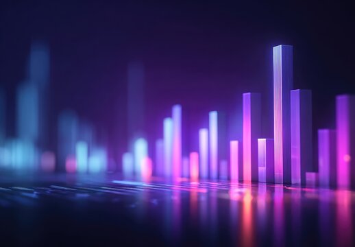 Neon glowing bar graphs in a dark city scene