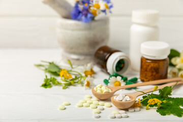 Alternative medicine herbal capsule organic drug on wooden background.Assortment of herbal and tablets,vitamins and dietary supplements.medicinal and Healing herbs.natural supplements for healthy life