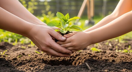 Close-up of an adult and child's hands holding a green seedling together, planting a new tree in the garden. Symbol of growth and family.