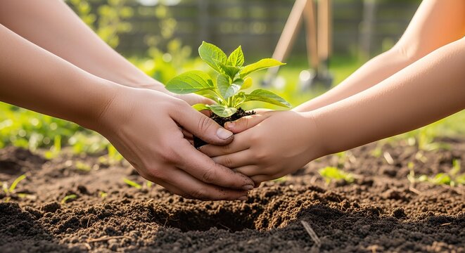 Close-up of an adult and child's hands holding a green seedling together, planting a new tree in the garden. Symbol of growth and family.