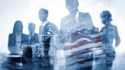 Patriotic Business Team with American Flag Overlay: Leadership, Finance, and National Pride Concept