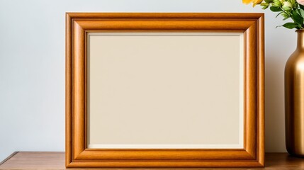 A wooden frame with a white background sits on a table