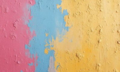 Vibrant texture of peeling paint in pink, blue, and yellow creates an artistic backdrop.