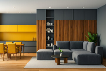 Modern living room and kitchen with gray sectional sofa and yellow cabinets