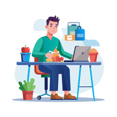Professional man enjoying healthy lunch box at office desk promoting wellness and balanced diet in workplace vector illustration