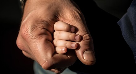 A tender moment of connection as a small child's hand holds a father's thumb, symbolizing trust, love, and parental protection.