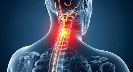 Anatomical Neck Illustration Showing Spinal Nerves and Pain Points on Blue Background