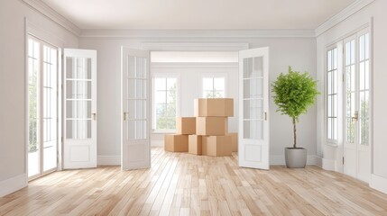 Obraz premium Bright Empty Room with Moving Boxes and Indoor Plant, Featuring Natural Light and Wooden Floors