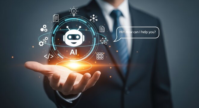 AI assistant concept: Man presenting digital interface with chatbot and virtual support for business and technology