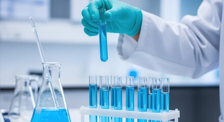 Scientist Examining Blue Liquid in Test Tube, Research and Experimentation in a Pharmaceutical Lab