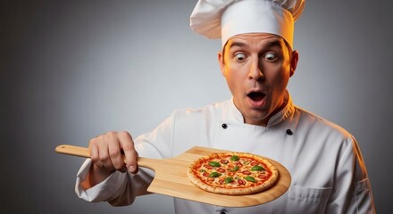 Shocked Funny culinary moment as a chef in a white uniform has a hilarious reaction to a perfectly small pizza on a wooden peel.
