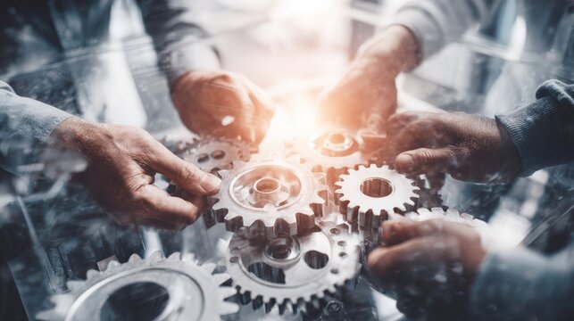 Teamwork Concept: Hands Arranging Gears Together, Symbolizing Collaboration, Business Synergy, and Problem-Solving for Innovation