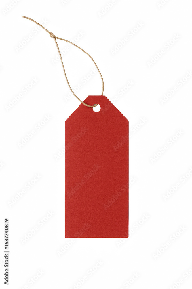 Poster blank red rectangular tag with natural twine string attached, isolated on black