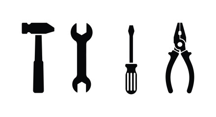 Hand Tools Silhouette Set Hammer Wrench Screwdriver and Pliers Illustration