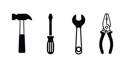 Simple Black and White Vector Illustration of Common Hand Tools Set