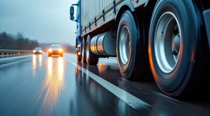 Truck driving on a wet road during a rainy evening