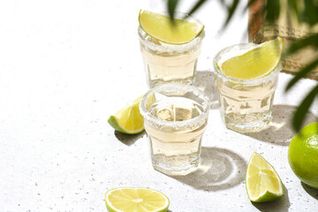 Refreshing tequila shots served with lime wedges on a light surface, showcasing vibrant colors and...