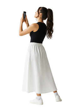 Back view of Woman standing and taking photo by phone isolated on white or transparent background