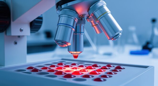 Microscope Analyzing Blood Samples for Scientific Research in a Medical Laboratory Setting, with red illuminated droplets