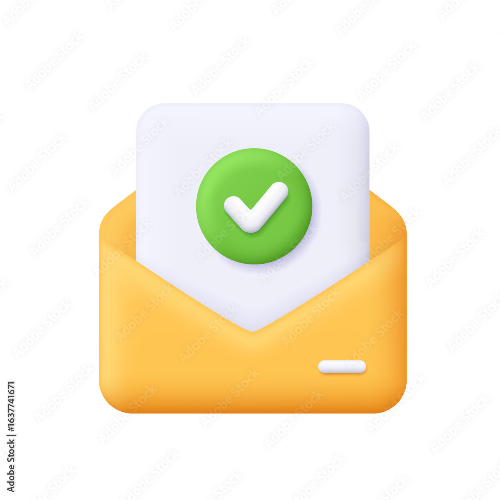 Poster yellow envelope with document and green check mark symbol. message approval, email verification, com