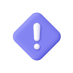 Exclamation sign on purple diamond rhombus button. Alert, warning, caution and danger concept. 3d vector icon. Cartoon minimal style.