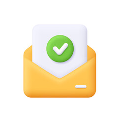 Yellow envelope with document and green check mark symbol. Message approval, email verification, communication, notification concept. 3d vector icon. Cartoon minimal style.
