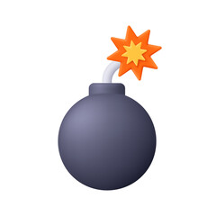 Bomb with a lit fuse. Games, danger, explosion concept. 3d vector icon. Cartoon minimal style.