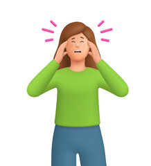 Stressed or frustrated woman Kate holding her head with both hands. Headache, migraine, stress, anxiety, burnout and mental health concept. 3d vector people character. Cartoon minimal style.