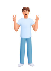 Young smiling man James showing peace victory signs with both hands. 3d vector people character. Cartoon minimal style.