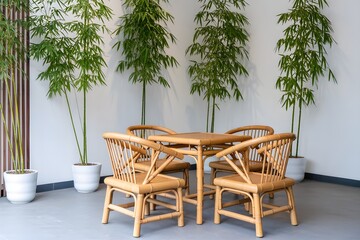 Fototapeta premium Bamboo table and chairs, bambbo trees background