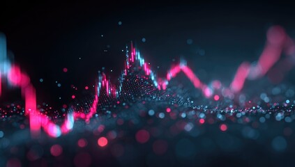 Abstract data visualization of stock market trends.  A dynamic graph of fluctuating values, depicted by glowing pink and cyan lines, points, and particles on a dark background