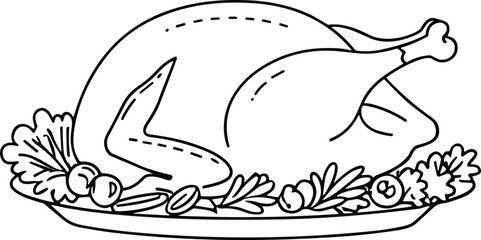 Whole Roast Turkey Line Art – Festive Dinner Vector Illustration