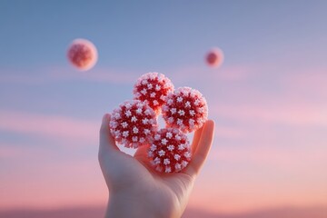 Hand holds multiple pink virus models against a soft, pastel sunset sky