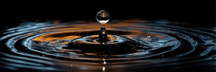 A water droplet impacting a dark surface, creating ripples and a circular pattern