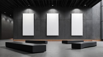 Modern Art Gallery Interior with Blank Canvas Frames and Seating for Visitors in Contemporary Space