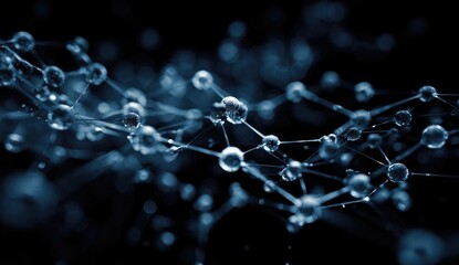 Abstract network of interconnected spheres in deep blue tones against a black background