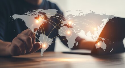 Global Network Connection Concept: Man Interacting with World Map Visualization on Tablet Device for International Business