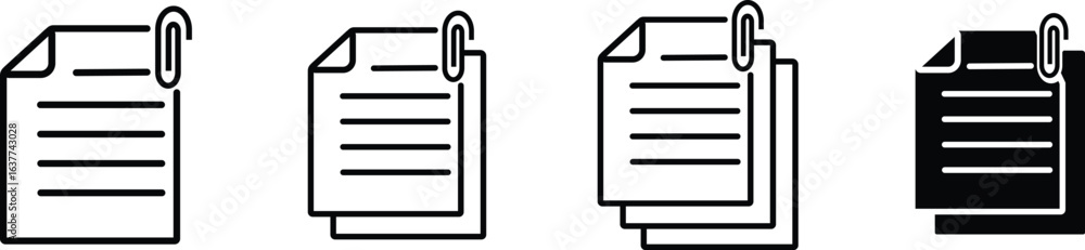 Poster a set of document and file icons, featuring a paper clip to indicate an attachment, with variations 