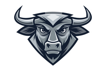 A majestic grey bull head fiercely stares forward, displaying powerful horns and confident eyes