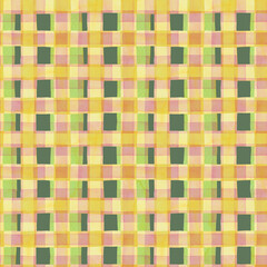 Green and pink checkered gingham seamless pattern. Hand drawn watercolor textured brush stroke. Great for plaid kitchen textile and countryside wallpaper. Perfect for simple kids decor and bed linen.