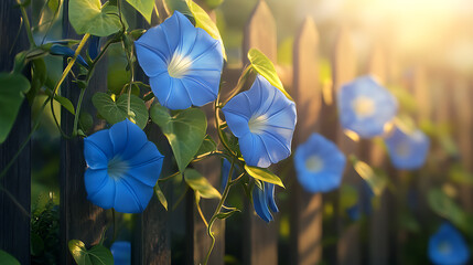 Blue morning glory flowers on wooden fence