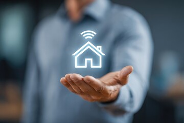 A person's hand holds a glowing, projected house icon with wifi symbol, suggesting smart home technology