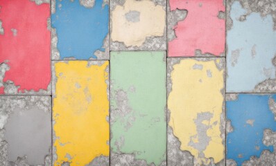 Colorful, weathered pavement tiles with peeling paint in red, blue, yellow, green, and gray.