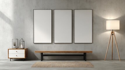 Modern Interior with Three Blank Frames, Lamp, and Bench for Art Mockup Display