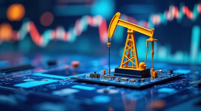Oil pumpjack on circuit board with blurred financial data background - Powered by Adobe